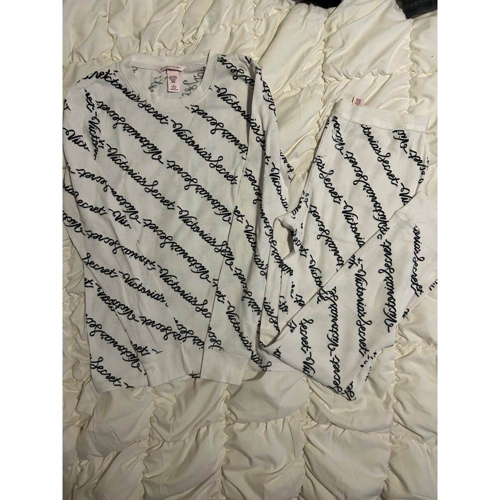 Victorias Secret Thermal Pajama Set White Black Script Logo Waffle Knit Medium